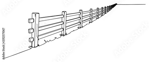 Photos Perspective view of a long wooden ranch fence drawn in continuous line art