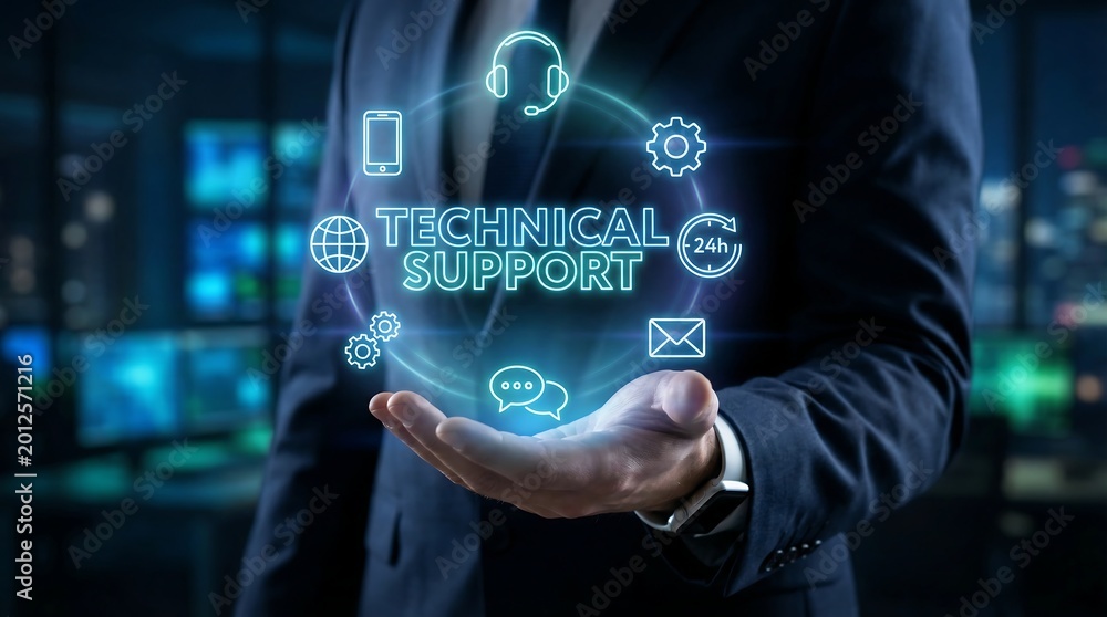 Fototapeta premium Professional businessman holding glowing digital technical support interface icons in hand representing 24 hour customer service and IT assistance for modern corporate global business
