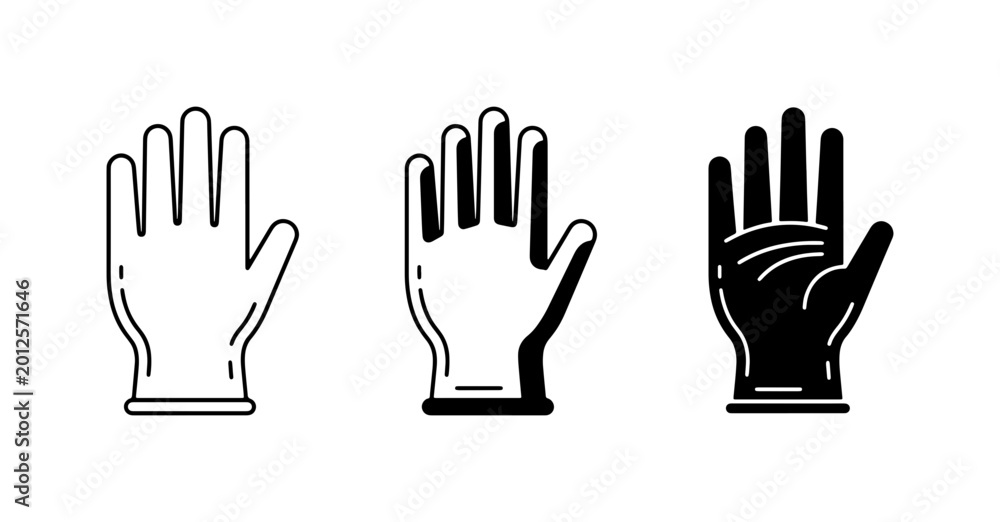 Obraz premium Medical Gloves Icons, Protective Handwear Vector Set, Cleanliness and Safety Symbols, Black and White Line Art