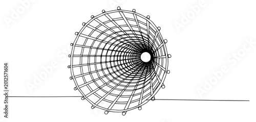 Schilderij op canvas Deep perspective view of circular steel rebar cage or mesh tunnel in line art st