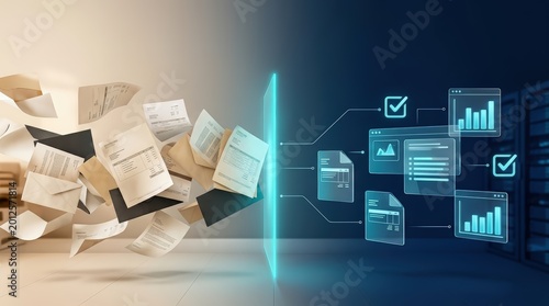 A paper documents transform into digital charts through scanner beam, AI automation in business workflows process system