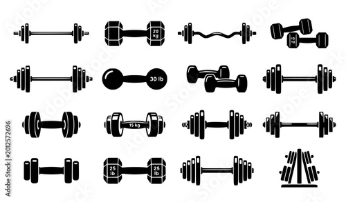 Photos Modern geometric barbell and dumbbell vector icons for fitness and strength trai