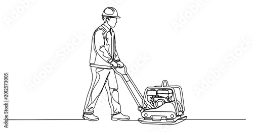 Tableau sur toile Construction worker using vibratory plate compactor machine in minimalist contin