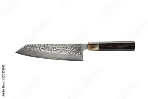 Obraz na płótnie Japanese kiritsuke chef knife with hammered damascus steel blade side view isolated