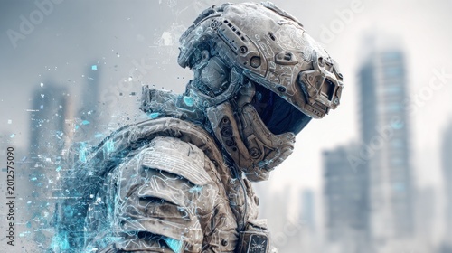 Futuristic soldier with advanced helmet concept art against cityscape background
