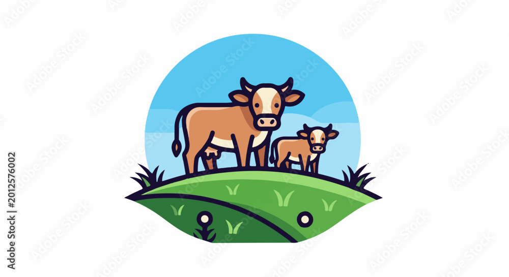 Fototapeta premium Two cows, mother and calf, stand on a grassy hill under a blue sky
