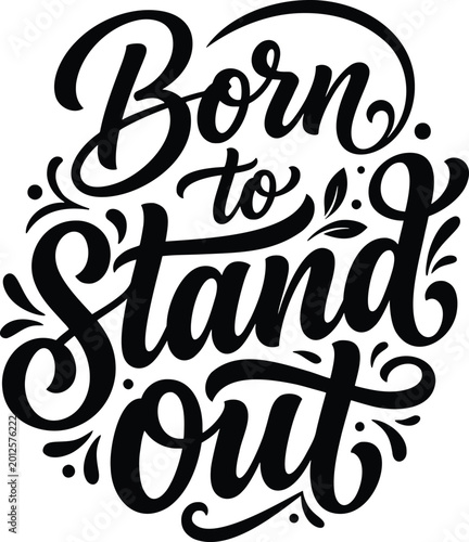 Black and white vector graphic featuring a typography design with decorative swirls, dots, and leaves. The text reads 