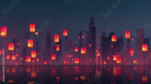 Floating lanterns over city skyline at night illustration