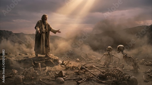 Prophet Ezekiel stands in a valley of dry bones with arms outstretched as divine light shines from heaven during a miraculous moment of resurrection and Biblical hope
