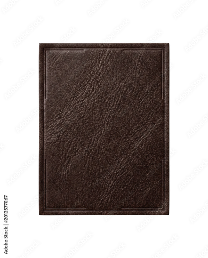 Fototapeta premium Dark brown grained leather book cover isolated. Antique document folder mockup.