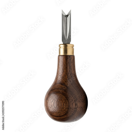 Wood handled V-gouge lino cutting tool isolated. Printmaking accessory.