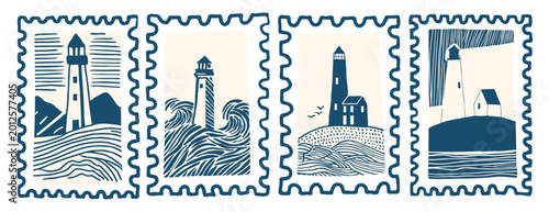Schilderij op canvas Set of engraved vintage postage stamps with lighthouse and sea wave scenes, naiv