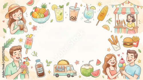 Happy people enjoy a variety of delicious street food and refreshing drinks at a summer festival