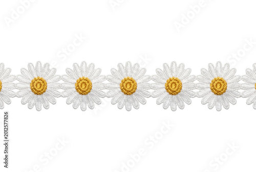 Fotografi White daisy flower lace trim border top view isolated