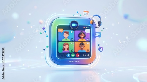3D video conference interface with diverse avatars, digital online meeting app icon, virtual communication and remote collaboration concept isolated on White Background