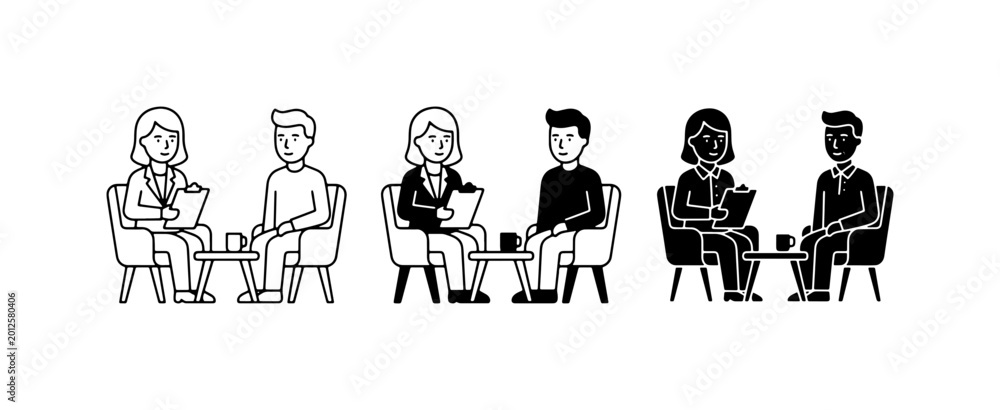 Fototapeta premium Therapy Session Icons, Counseling Meeting Graphics, Mental Health Support Vector Set, Consultation Dialogue Illustrations