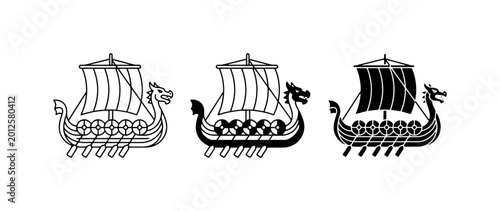 Viking Ship Icons, Norse Longboat Vector Graphics, Scandinavian Dragon Head Vessels, Medieval Maritime Transport Symbols