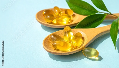 Two wooden spoons filled with golden soft gel capsules with fresh green leaves on a light blue background, a close-up studio shot