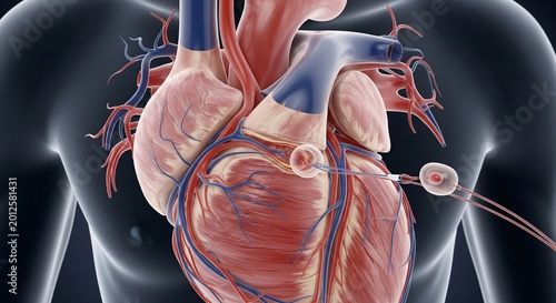 Close up view of a beating human heart with intricate blood vessels and a medical device