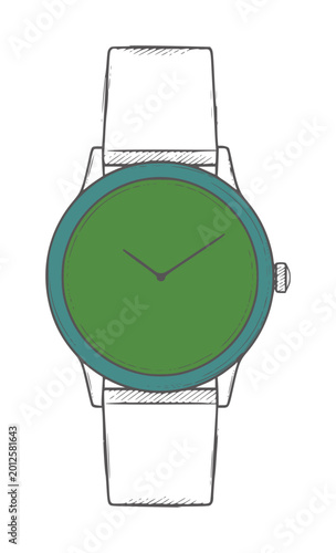Cuadro en lienzo Hand drawn green dial wristwatch with teal bezel and white straps time clock acc