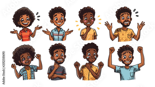 Quadro su tela Expression and Emotion: Illustrated images of individual with diverse facial expressions, capturing a range of emotions from joy to anxiety