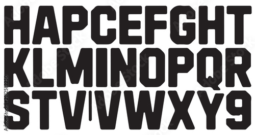 Photos Black varsity style alphabet letters and numbers font set for sports design and