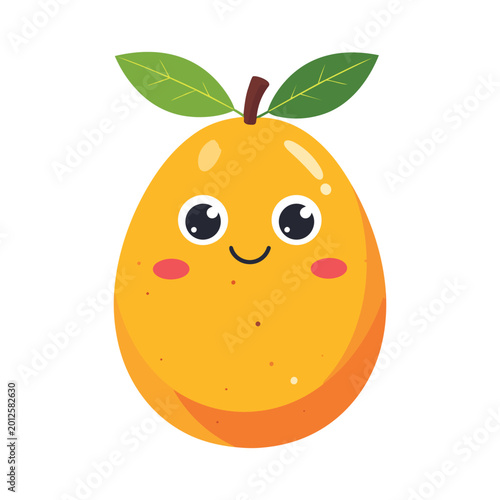Cute mango character with smiling face, happy tropical fruit vector illustration, sweet yellow mango mascot with green leaves for kids design