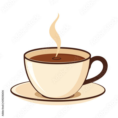 Hot coffee cup with steam vector illustration, ceramic mug and saucer for cafe menu, steaming black coffee or tea beverage icon on white background