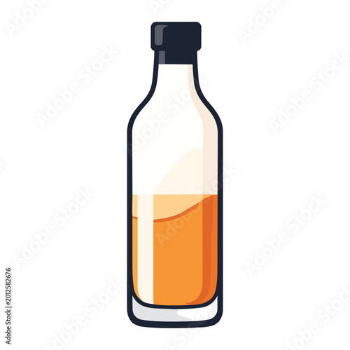 Minimalist glass bottle vector illustration, clear liquid container with orange fluid and black cap, modern flat icon for beverage or sauce packaging
