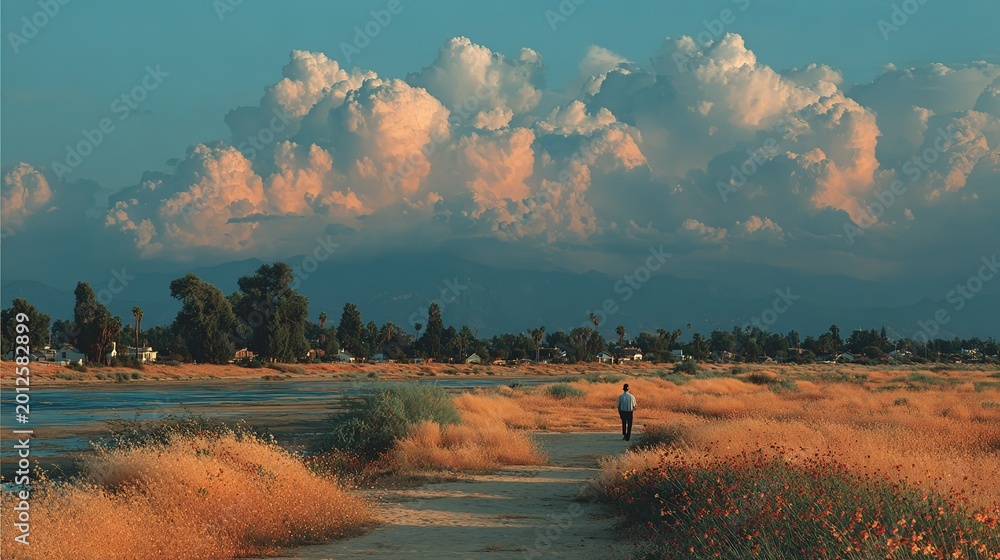 Fototapeta premium Lone Man Walking on Rural Path at Golden Hour, Majestic Illuminated Cumulus Clouds Over Small Town and Mountain Range, Scenic Countryside Landscape with Wildflowers and Wetland