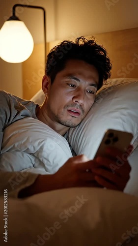 Man Using Smartphone in Bed at Night with Lamp Light