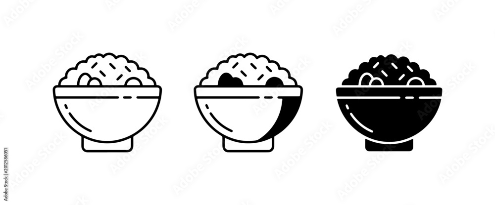 Fototapeta premium Three Bowls of Rice Icons, Simple Line Art and Silhouette Styles, Asian Cuisine Staple, Healthy Food Graphic Elements