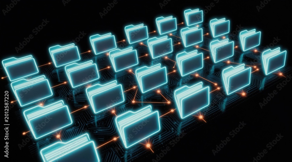Fototapeta premium Organized digital folders form a glowing network grid representing data management and future tech innovation. Abstract concept of information storage and connection in cyberspace.