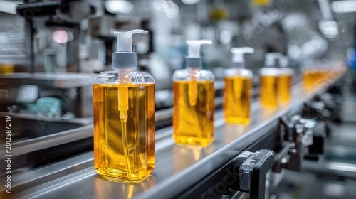 Yellow liquid fills clear pump bottles moving along an industrial production line