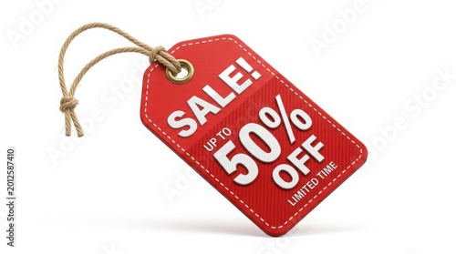 Red sale tag with 50 percent off text, retail discount price label with string, promotional shopping hang tag for seasonal clearance isolated on White Background