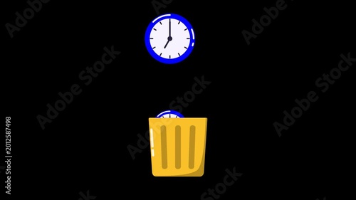 Wasted time clock animation falling into trash bin on transparent background