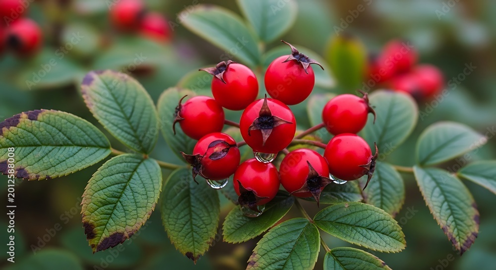 Obraz premium Close up of vibrant red rose hips with green foliage on a bush