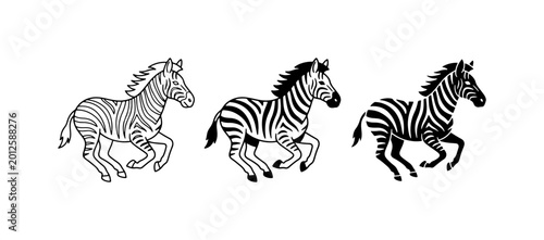 Foto Three Running Zebras Vector Set, Stylized African Wildlife Illustrations, Black