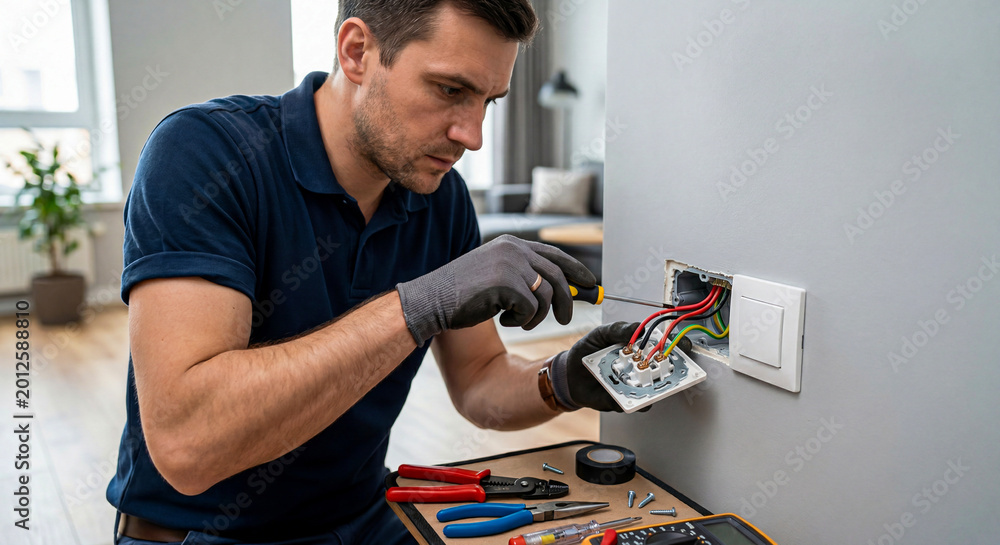 © For You Retouch - A professional electrician in a blue polo shirt and gloves using a screwdriver to fix a power outlet on a modern interior wall.