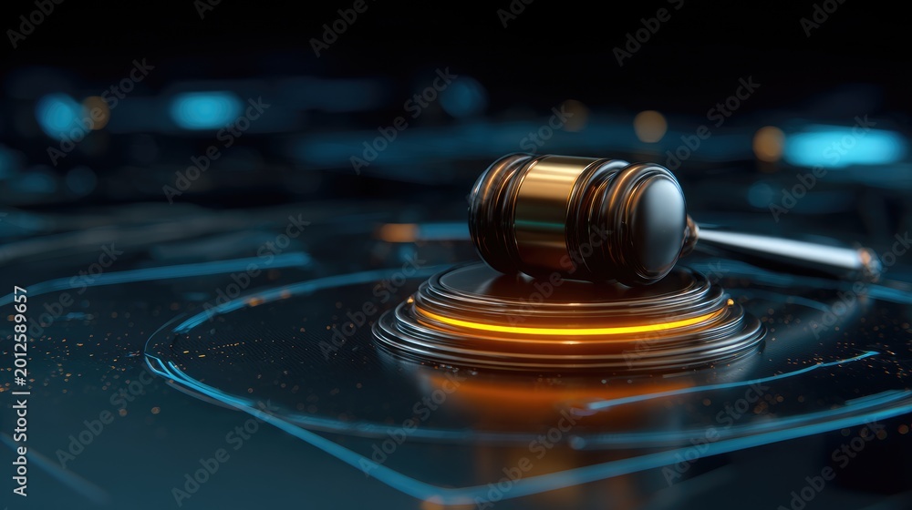 Fototapeta premium Gavel on glowing futuristic podium, symbolizing justice in digital realm