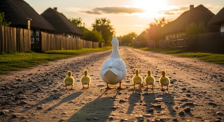 A mother duck and her adorable ducklings walking on a dirt road in a rural village at sunset