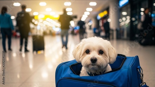 Adorable small white puppy sitting inside a blue travel bag at an airport with blurred travelers in the background capturing a lively travel scene