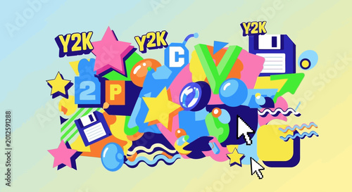Retro Y2K Pop Art Abstract Design with Geometric Shapes and Floppy Disks