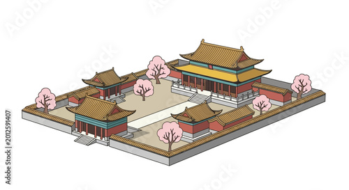 Traditional East Asian Palace Courtyard with Cherry Blossoms