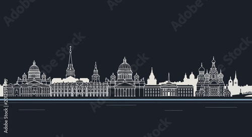 White city skyline silhouette on dark background, travel vector illustration.