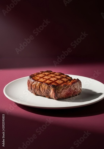 Juicy Grilled Steak on White Plate, Appetizing Gourmet Meat Dish with Deep Burgundy Backdrop and Soft Shadows