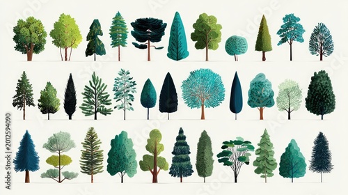 Collection of diverse, stylized evergreen and deciduous trees