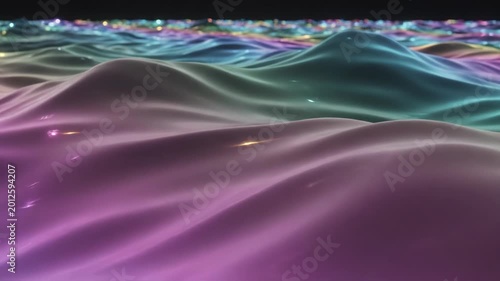 Abstract 3D rendering of smooth undulating waves with purple blue and pink neon gradients featuring a matte satin surface texture and glowing bokeh light particles on a dark horizon line.