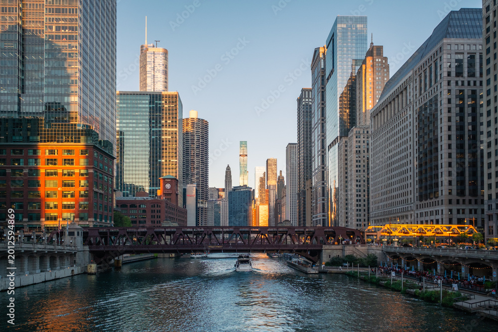 Fototapeta premium The skyline and bridge scenery of the tall buildings in the canal city of Chicago, USA