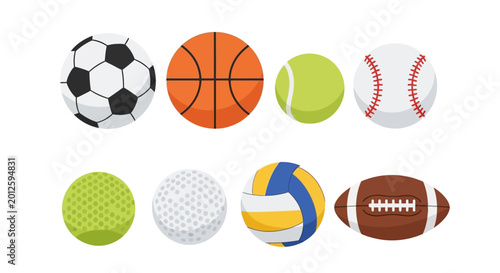 Collection of Various Sports Balls Including Soccer, Basketball, Tennis, Baseball, Golf, Volleyball, and Football